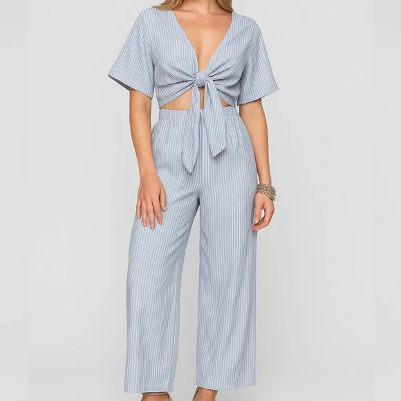 🆕BuddyLove Ilene Striped Cropped Jumpsuit XS Blue White Summer Boho Resort Wear - Picture 1 of 16